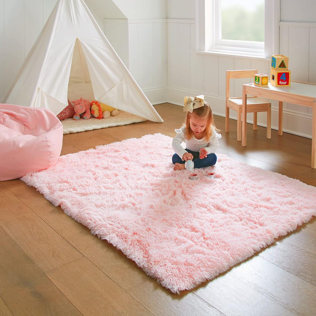 Ophanie Pink Shag Area Rug - Soft, Fluffy, Kawaii Design | 4x6 Carpet for Girls' Bedroom Decor