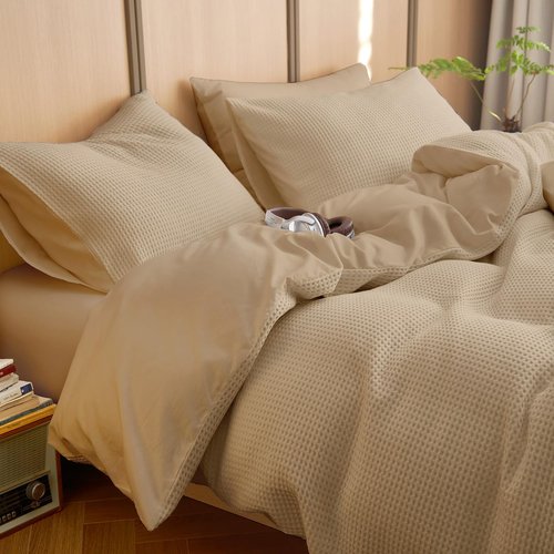 Wake In Cloud - Waffle Cotton Comforter Set, 100% Cotton Fabric Bedding, Waffle Weave Knit Textured Neutral Farmhouse Soft Lightweight, 3 Pieces, Tan, Queen Size