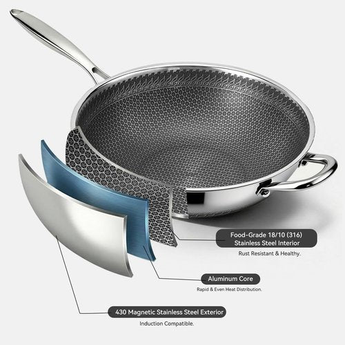 Boryenty Wok Pan 12 Inch with Standing Lid, 18/10 Stainless Steel Honeycomb Wok, Hybrid Stir Fry Pan with Flat Bottom, Physical Non-Stick Structure, Induction Compatible, Dishwasher & Oven Safe