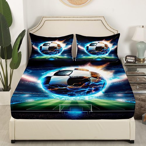 Feelyou Kids Boys Girls Black Blue Football Bed Sheet Set Twin, Sports Gaming Fitted Sheet Soccer Ball Game Bedding Set for Teens Football Gift Bed Cover (1 Pillow Case and a Fitted Sheet)