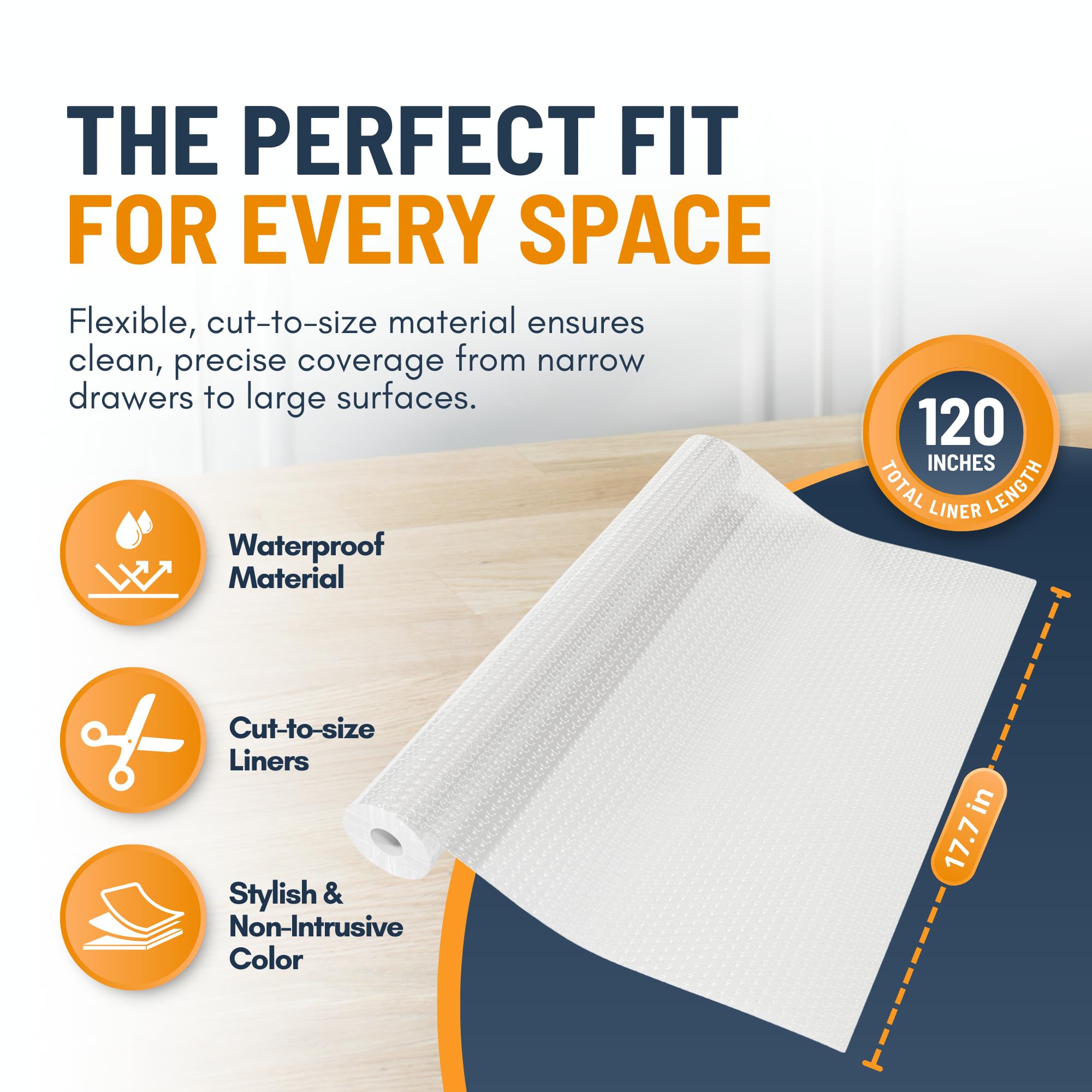 Shelf Liner Drawer Liner for Kitchen Cabinets Non-Adhesive by Linda’s Essentials (17.7 x 120 Inches) - Non-Slip Easy Clean Kitchen Cabinet and Cupboard Protector, Waterproof Mat, Clear Roll