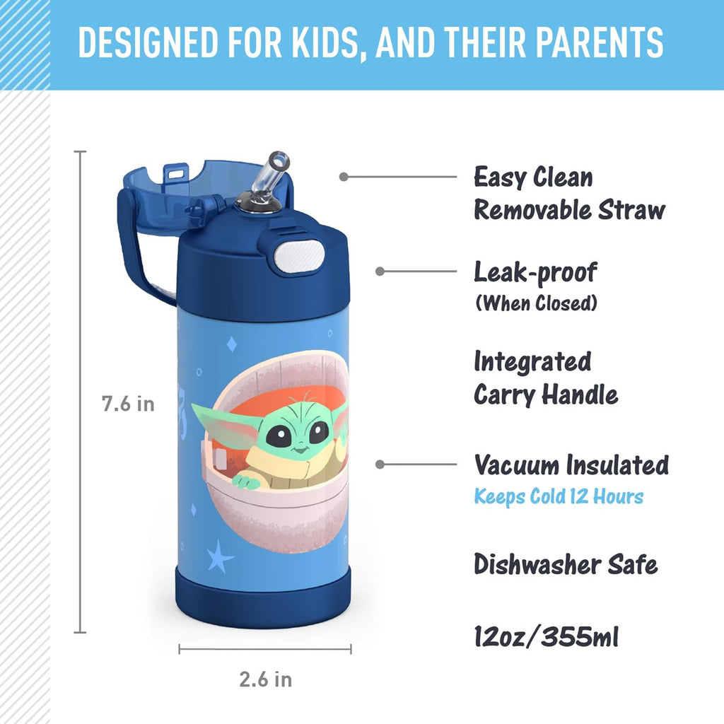 THERMOS FUNTAINER Water Bottle - 12 Ounce Stainless Steel Vacuum Insulated Kids Bottle | Mandalorian Design
