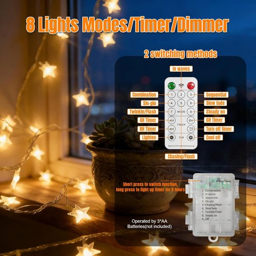 LAMPHOME Star LED String Lights - 16ft Warm White Fairy Lights with Remote & 8 Modes for Decor