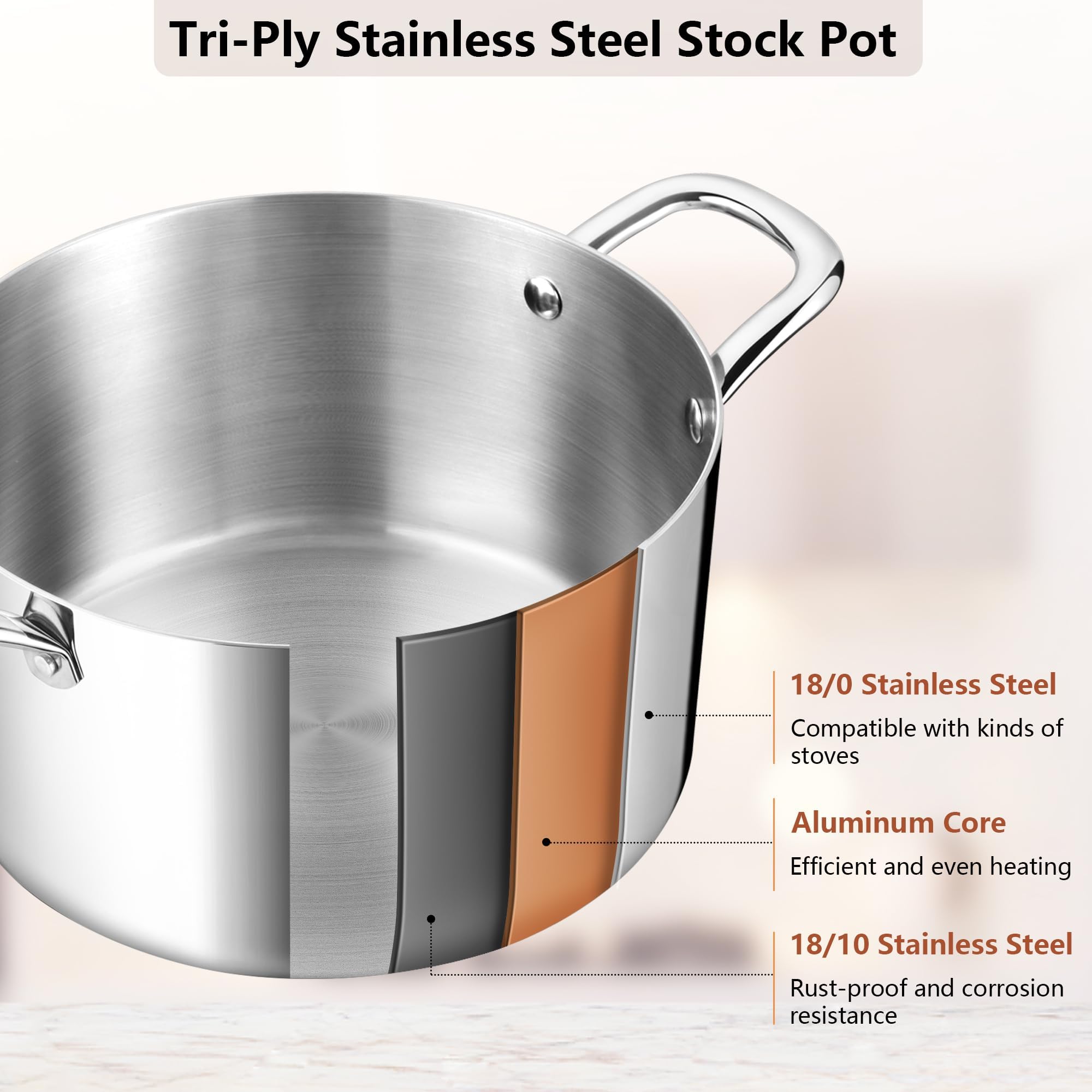 Stainless Steel Stock Pot, Homikit 6QT Large Stockpot with Glass Lid, Heavy Duty Tri-ply Pasta Chicken Soup Pot Induction Cookware for Steaming and Stewing, Dishwasher Safe