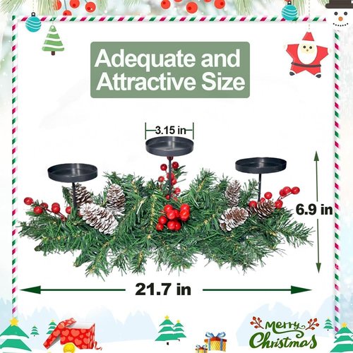 Christmas Table Centerpiece | 21.7” Candle Holders with Iron Trays & Red Berries | Holiday Home Decor