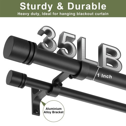 Double Curtain Rods 72-144 Inches for Windows, 1 Inch Diameter Adjustable Heavy Duty Drapery Rod with Aluminum Alloy Brackets and Finials, Modern Stylish Dual Curtains Rod, Matte Black