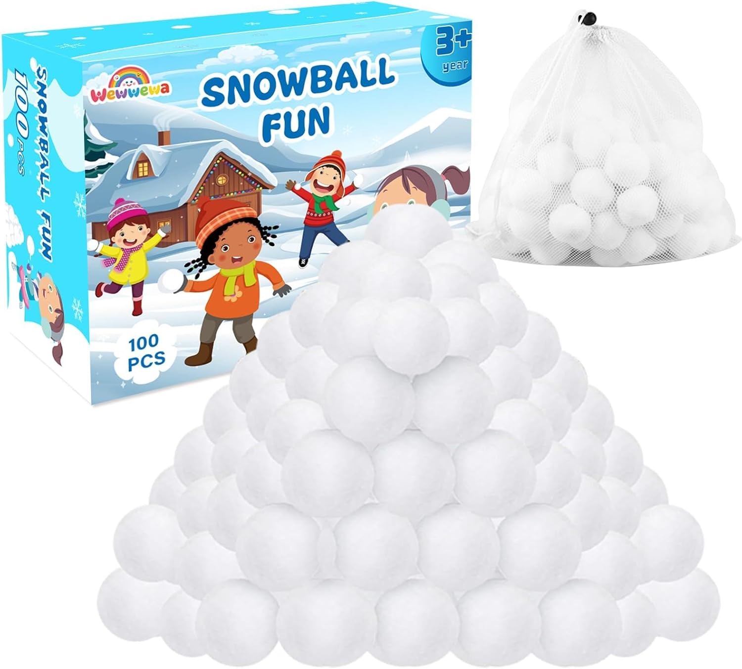 Skiennix 100 Pcs Fake Snowballs Set - Soft Artificial Snow Balls with Drawstring Bag for Indoor/Outdoor Fun