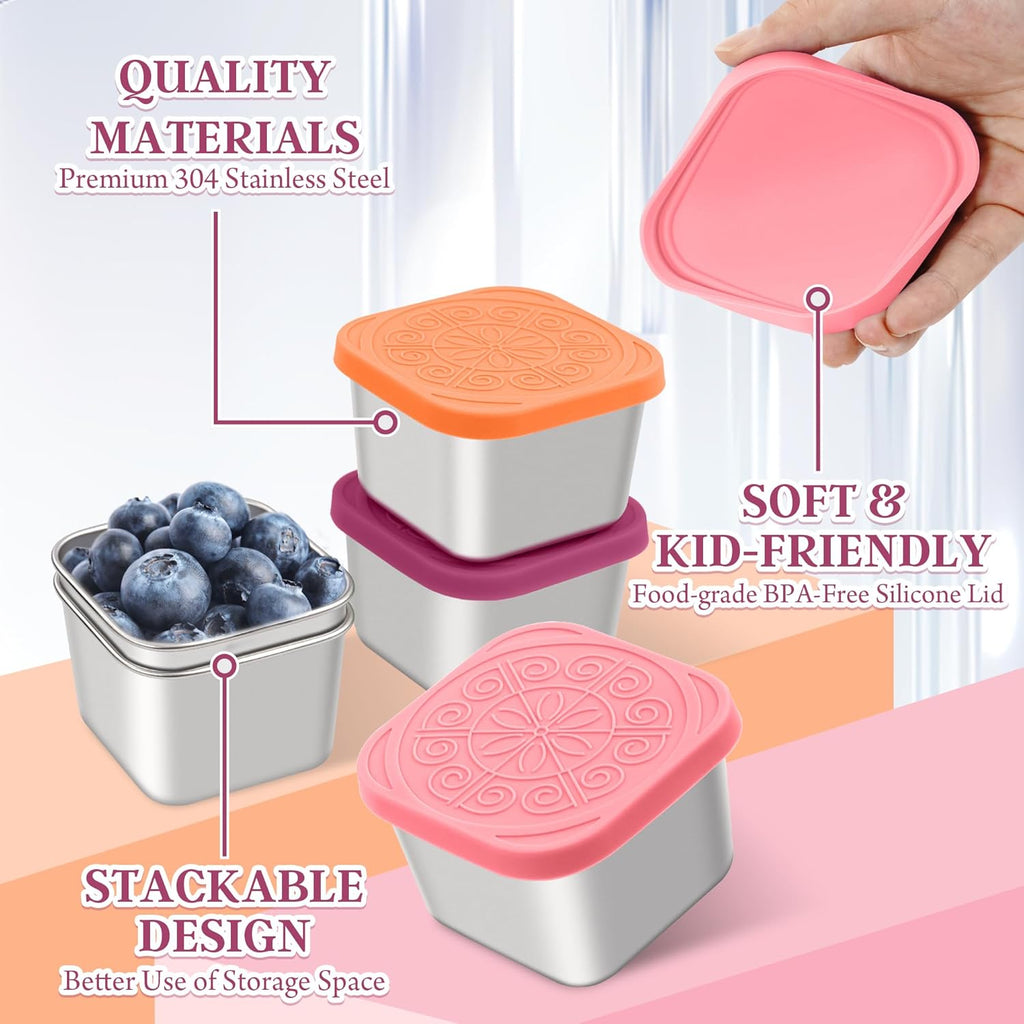Qukaka Stainless Steel Snack Containers - Leak Proof & Easy Open - 7.2oz Reusable Lunch Box | 3-Pack