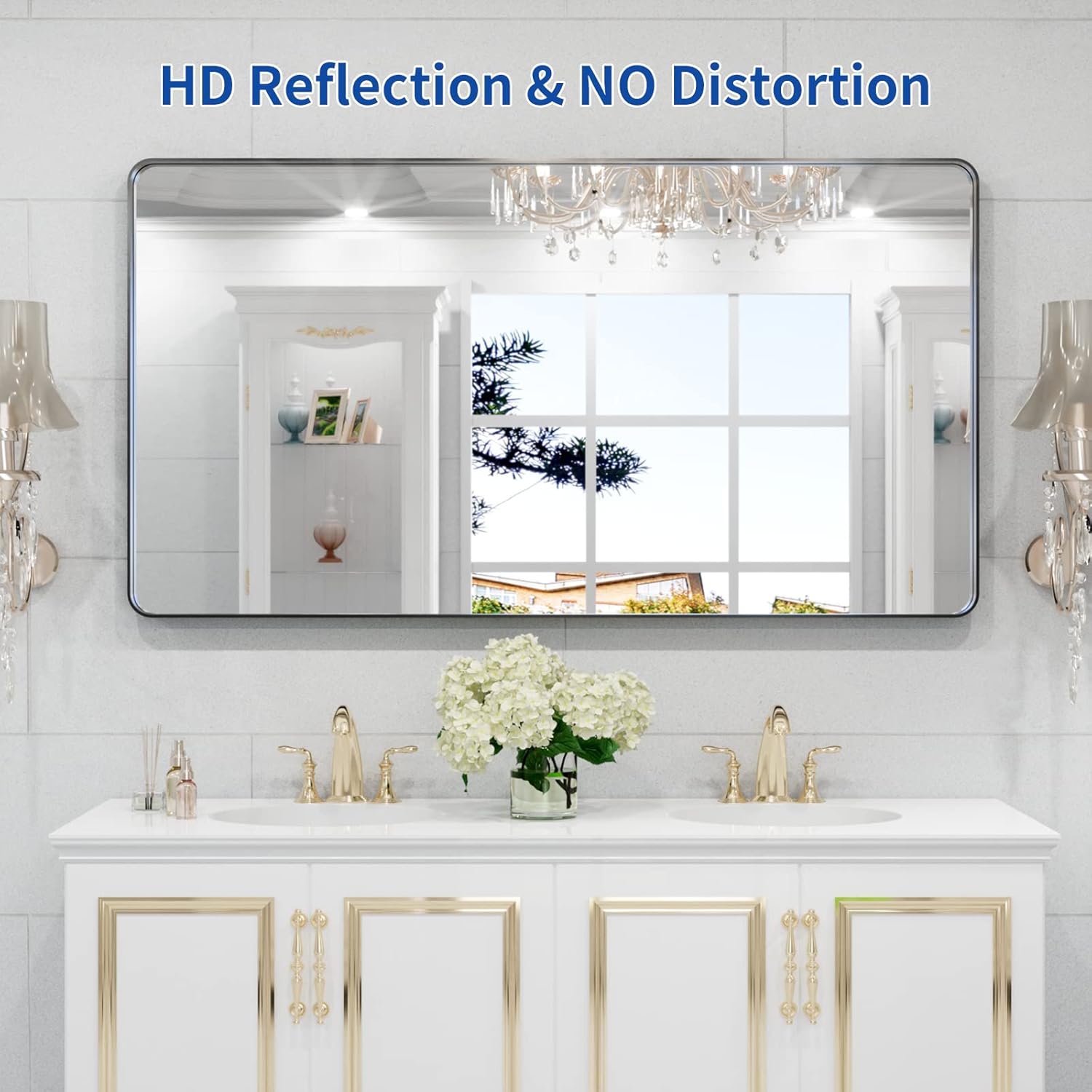 WEER Black Bathroom Mirror - 55x30 Inch Rounded Rectangle Matte Black Frame | Anti-Rust Tempered Glass
