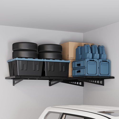 FLEXIMOUNTS Corner Wall Shelving | 2-Pack 2x4ft Floating Garage Storage Racks - 660lbs Capacity, Black