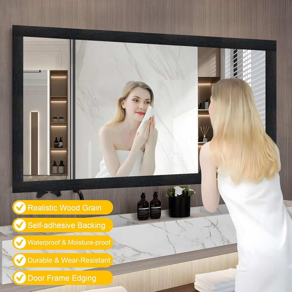 Peel & Stick Black Wood Grain Wallpaper Border by [Brand Name] - Stylish Bathroom Mirror Frame | 32.8 FT x 3.93 Inch