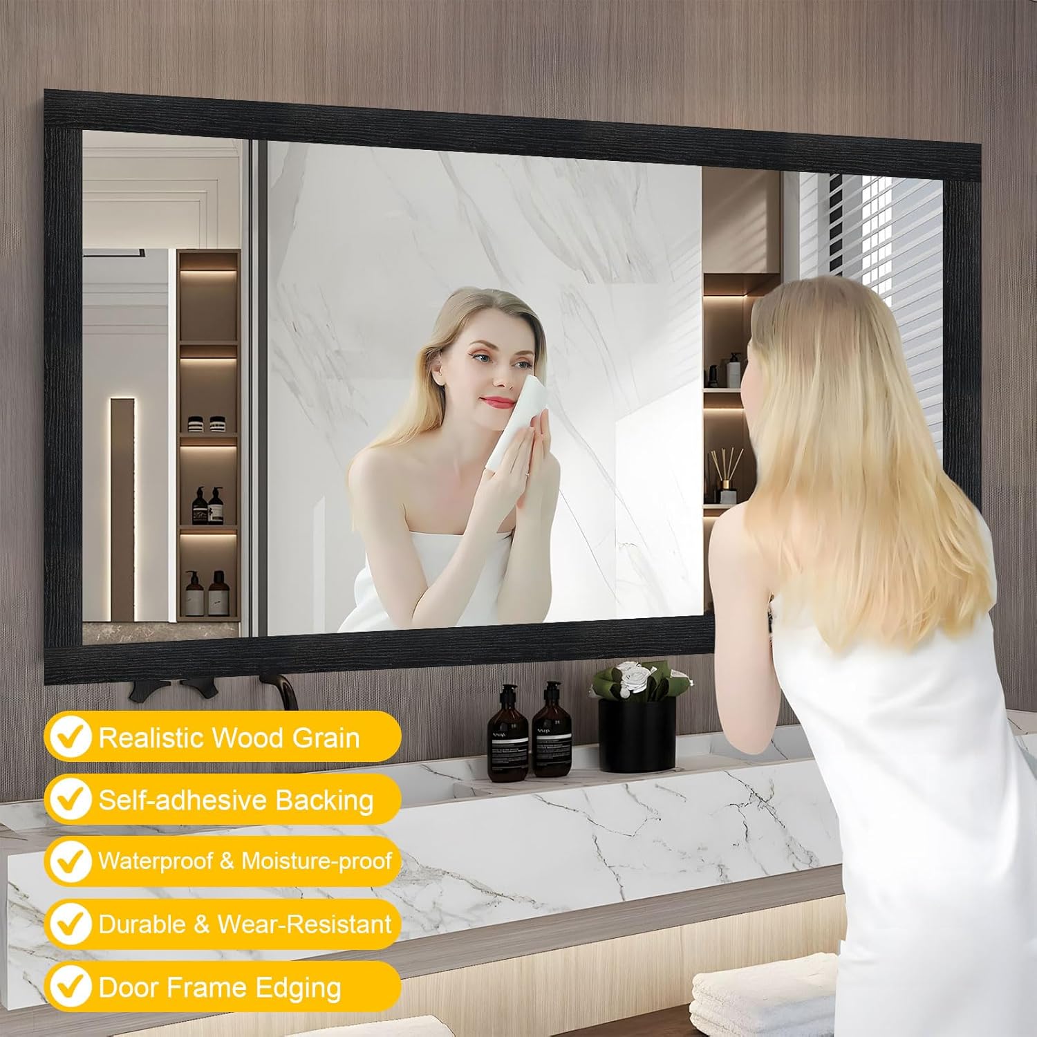 Peel & Stick Black Wood Grain Wallpaper Border by [Brand Name] - Stylish Bathroom Mirror Frame | 32.8 FT x 3.93 Inch