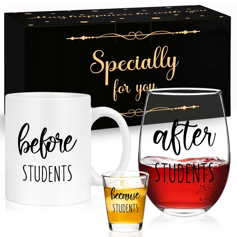 Futtumy Before Students After Students Gift Set 11oz Coffee Mug 17oz Stemless Wine Glass 2oz Shot Glass Set for Teacher Principal Professor, Teacher Appreciation Gifts End of Year Gifts for Women Men