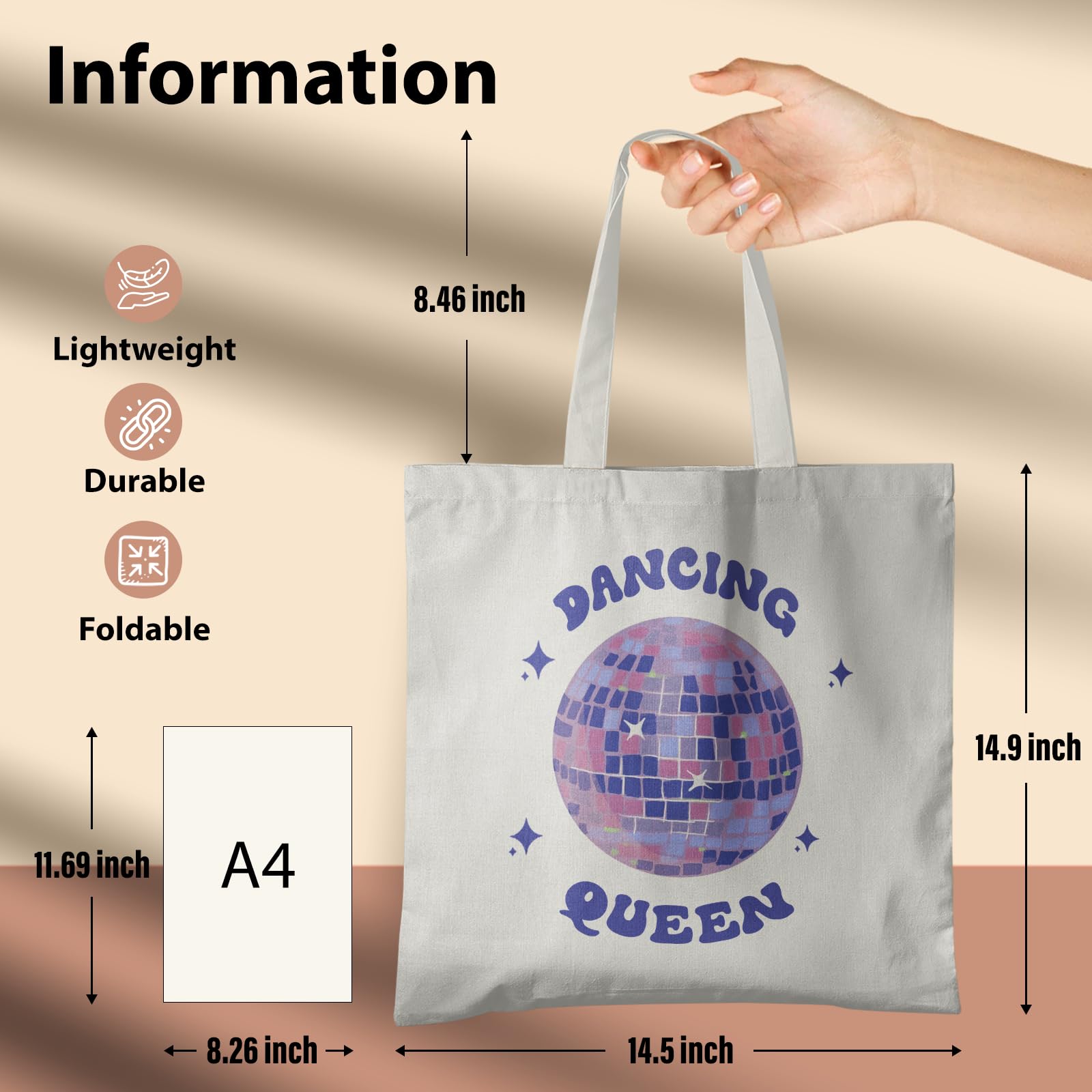 Veqzc Dancing Queen Tote Bag - Purple Disco Ball Canvas Tote for Women, Dance Teacher & Lover Gifts, Reusable Shopping Bags