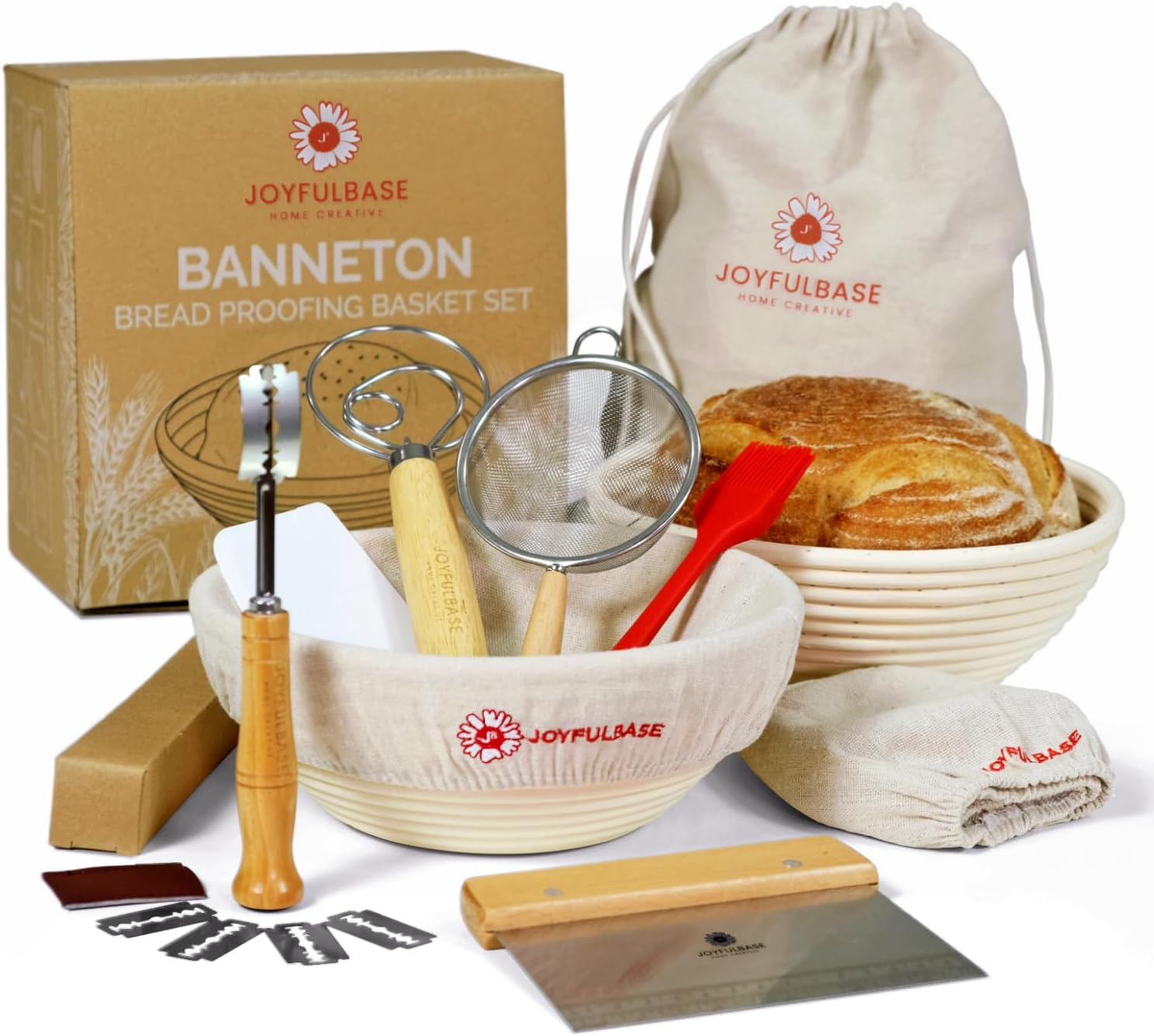 Banneton Bread Proofing Basket Set - 9-Inch Round Sourdough Starter Kit with Tools & Linen Bag