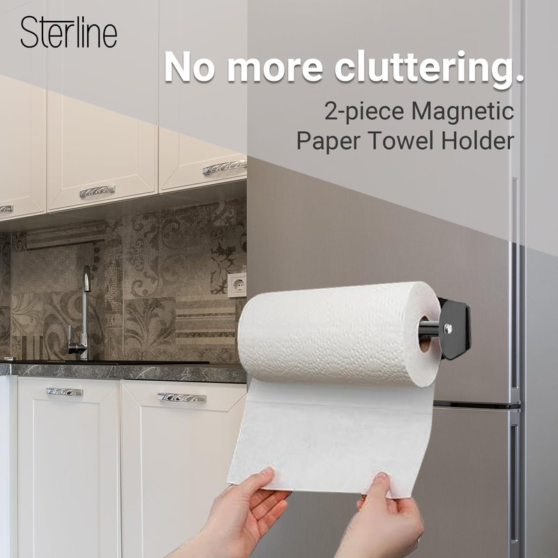 Sterline Magnetic Paper Towel Holder - 2-Piece Adjustable Heavy Duty Steel Shop Towel Holder for Toolbox, Refrigerator, & Grill - Wall Mount Organizer for Garage, RV Essentials, Kitchen, & Workshop