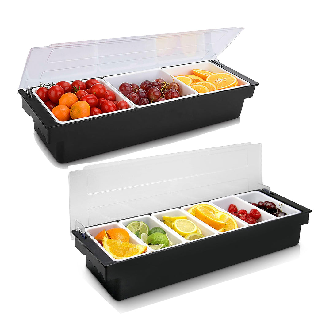WICHEMI Fruit, Veggie & Condiment Caddy with Lid Dispenser Tray Plastic Garnish Station for Bartending & Serving Taco, Ice Cream, Salad Bar - Topping Organizer for Restaurant Supplies (6 Compartment+3