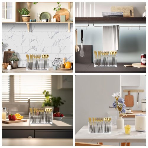 BingegePet Acrylic Kitchen Utensil Holder, Cutlery Caddy with 3 Sections of Storage, Cutlery Organizer for Forks, Knives and Spoons