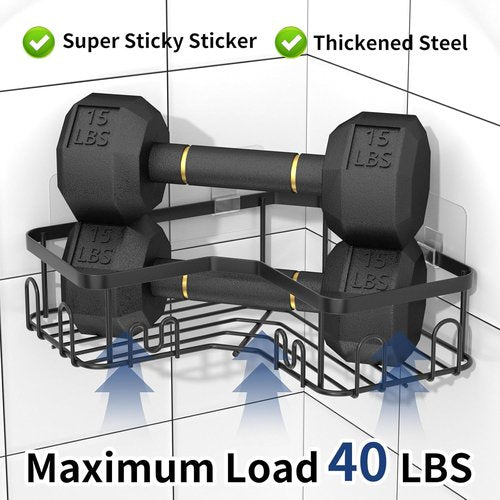 Menbyci Corner Shower Caddy - 3 Pack Adhesive Bathroom Shelves with 18 Hooks | Rustproof Stainless Steel, Black