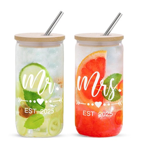 Mr & Mrs Coffee Cups 2025 Gift Set, Wedding & Engagement Gifts for Couples - His & Hers Glass Tumbler Set With Straw