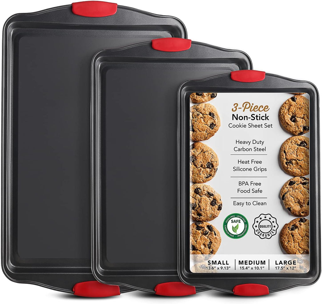 Steel Baking Sheet Set by [Brand Name] - 3-Piece Nonstick Cookie Sheets with Silicone Handles | BPA-Free, Durable Oven Pans - Black
