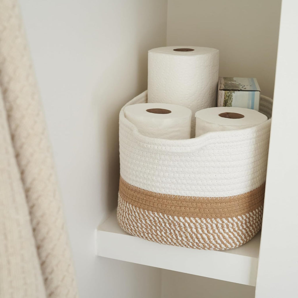 Skiennix Stylish Cotton Rope Storage Basket - Versatile Woven Bin with Handles for Dog Toys, Magazines & Books