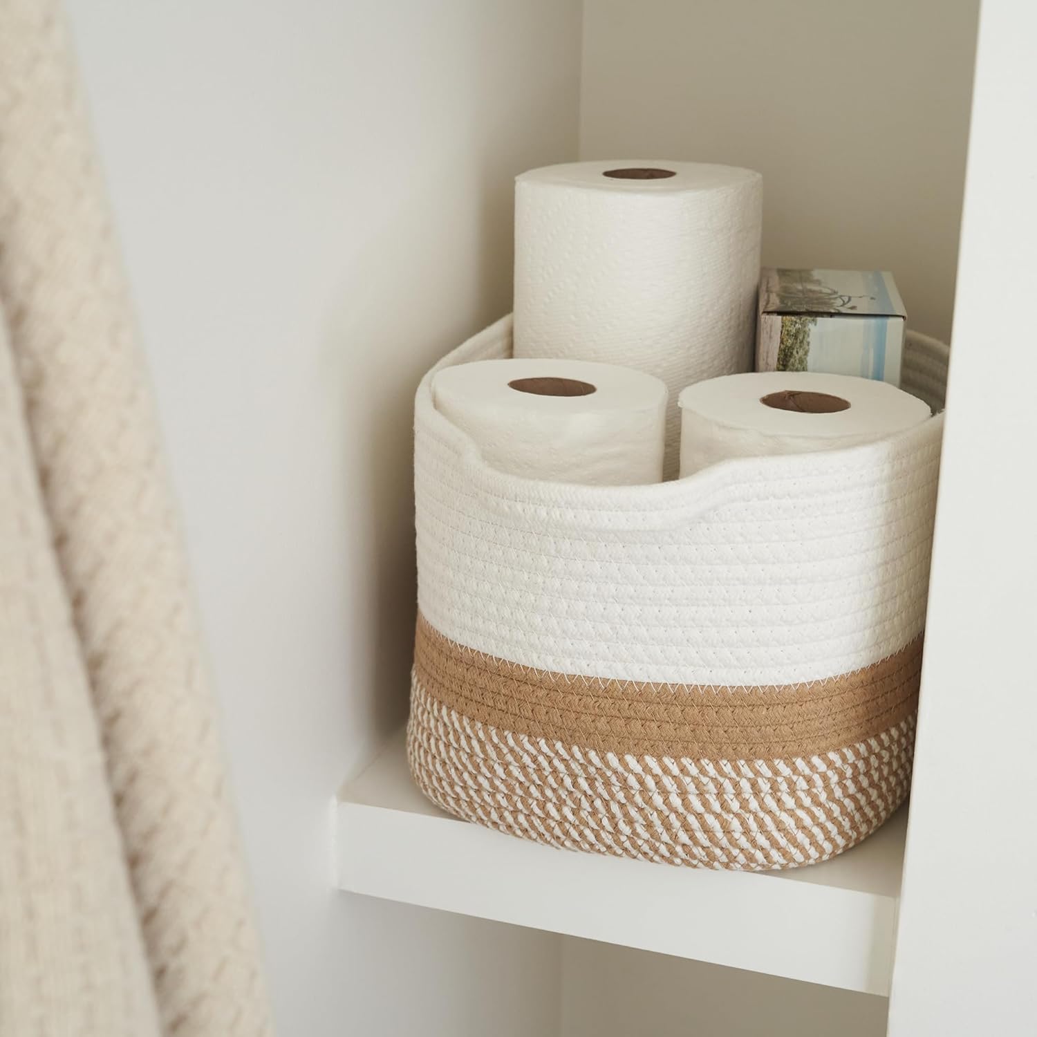 Skiennix Stylish Cotton Rope Storage Basket - Versatile Woven Bin with Handles for Dog Toys, Magazines & Books