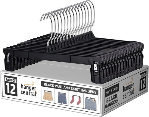 Hanger Central 12 Inch Slim Pants Hangers - Heavy Duty Non-Slip Clips for Skirts & Shorts | Black 12 Pack