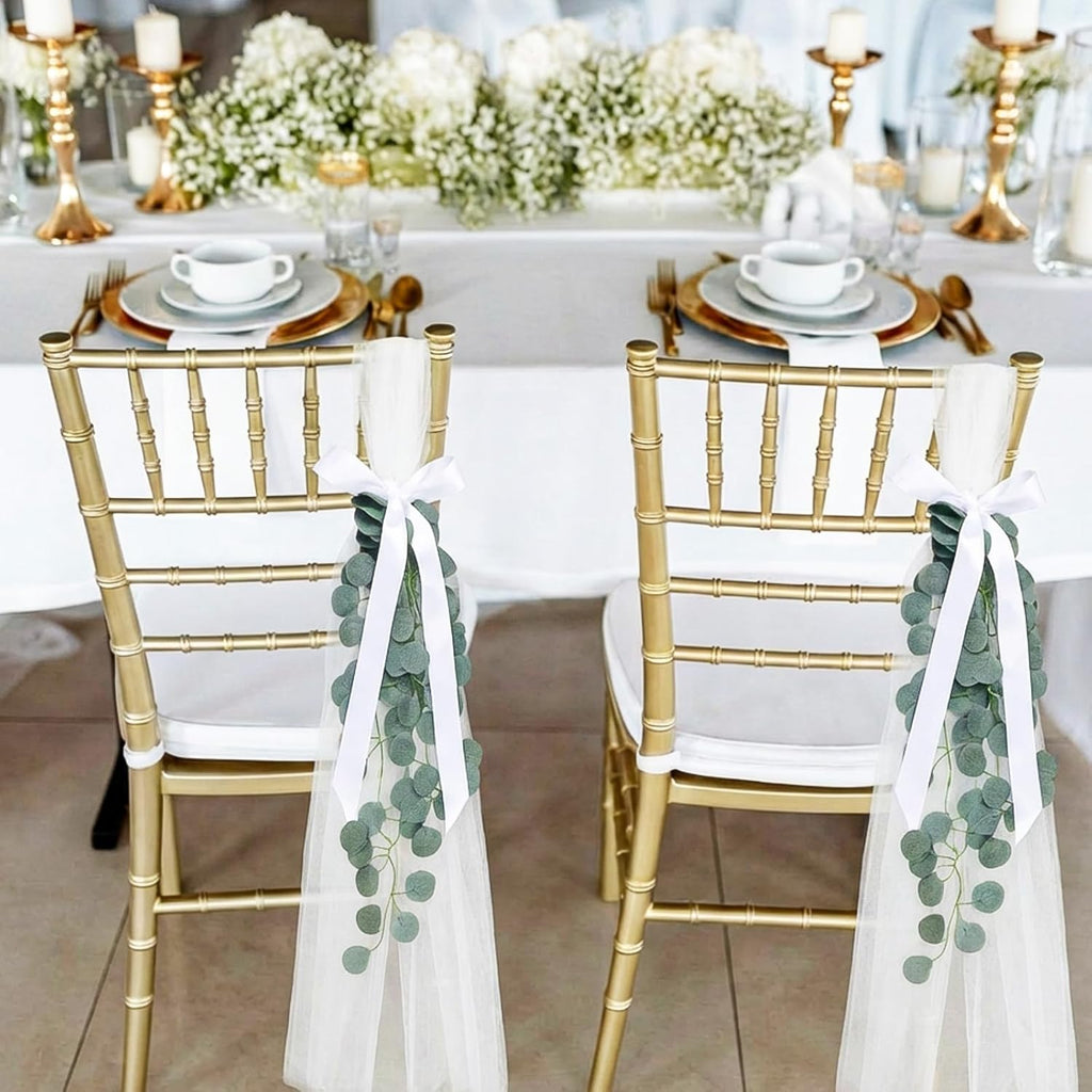 Regine Switzerland Wedding Aisle Chair Decorations - White Tulle Tails with Ribbon Bows & Eucalyptus Vine | 24 Set