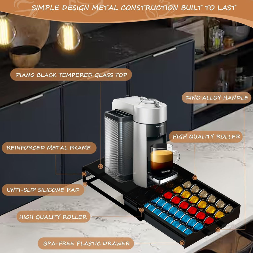 Nespresso Vertuo Pod Holder - Deluxe Black Tempered Glass Top | Compact Design Holds 75 Small Pods