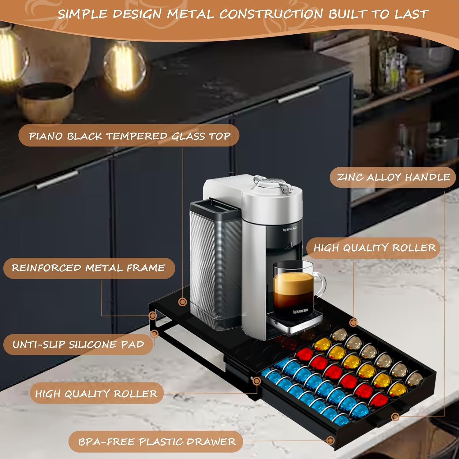 Nespresso Vertuo Pod Holder - Deluxe Black Tempered Glass Top | Compact Design Holds 75 Small Pods
