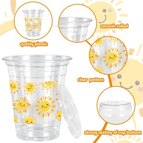 FYSUIMU 50Pcs 12Oz Smile Sunshine Plastic Cups with Lids & Straws First Trip Around The Sun Disposable Clear Drinking Cups for Summer Birthday Baby Shower Party Supplies