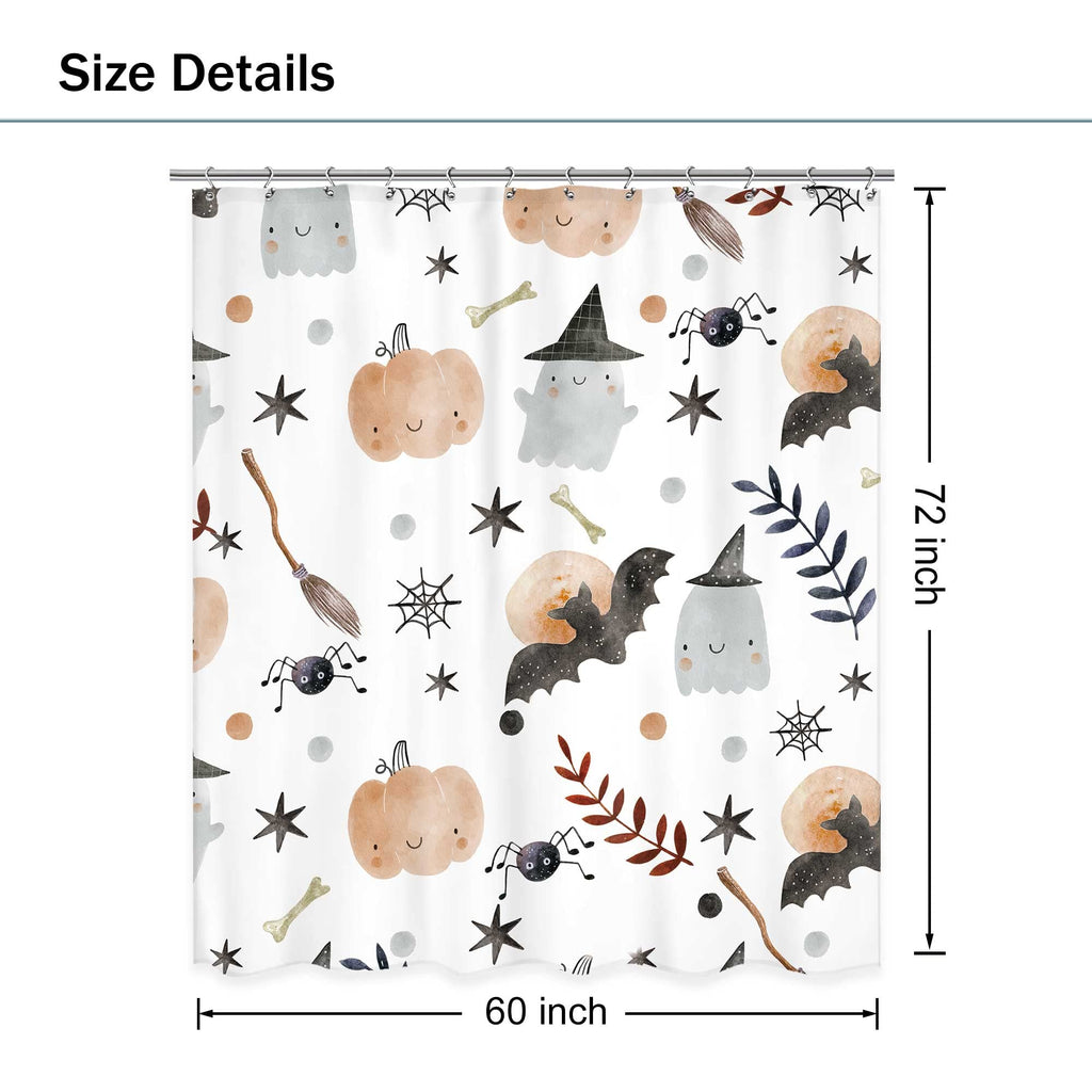 Ufeela Halloween Kids Shower Curtain 60Wx72L Inch Cute Cartoon Ghost Pumpkin Shower Curtain Bathroom Set Bat Spider Web Wizard Hat Funny Stars Leaves Bath Curtain Bathtub Accessories Home Decor