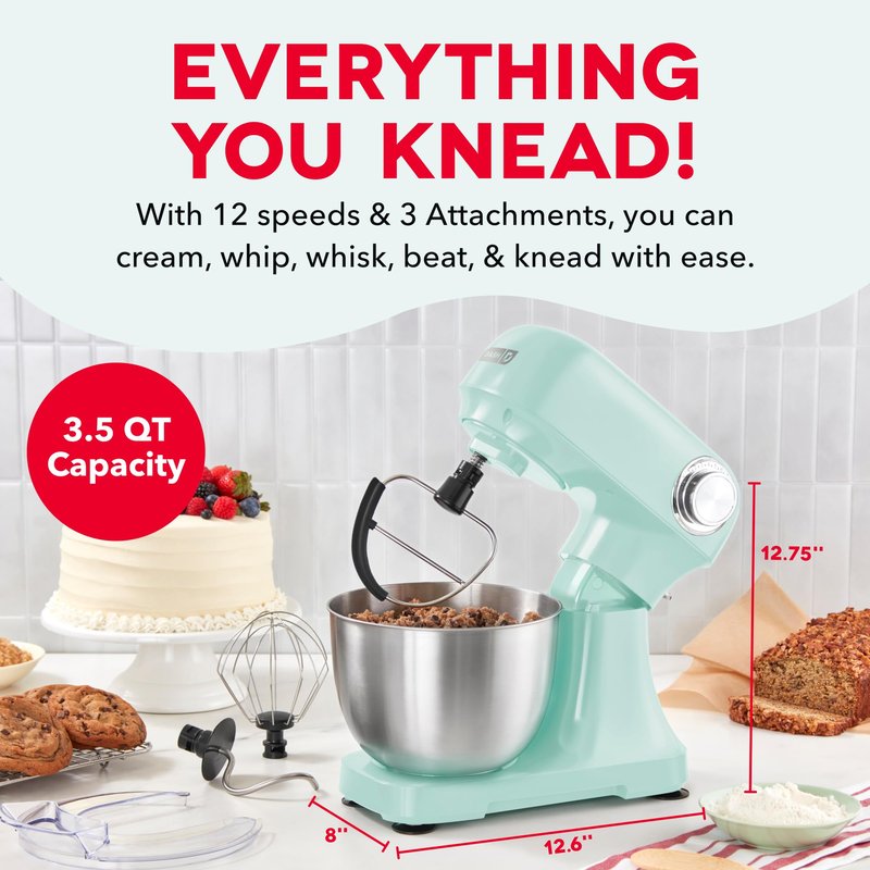 Dash Stand Mixer - Tilt-Head Electric Stand Mixer with Stainless Steel Bowl and Splash Guard For Baking - Aqua, 3.5-Quart