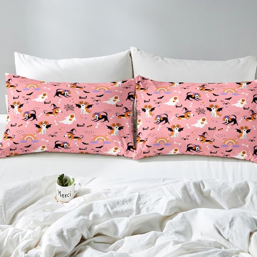 Feelyou Happy Halloween Sheet Set King Size Kids Horror Cobweb Cute Dog Sheets with Deep Pocket Fitted Sheet for Boys Teens Kawaii Cloud Rainbow Bed Sheets Set Breathable Witchcraft Pink Room Decor