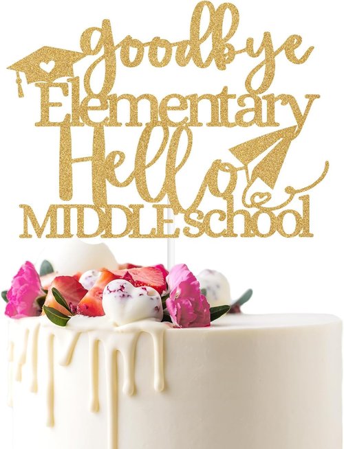 Goodbye Elementary Cake Topper - 5th Grade Graduation Decor for Middle School | Gold Glitter Design