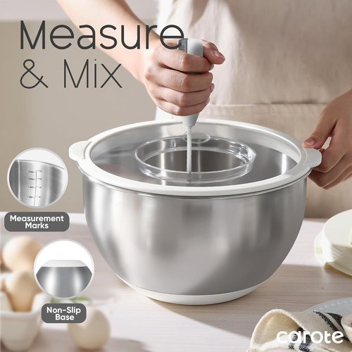 CAROTE Stainless Steel Mixing Bowls Set - 12 Pcs with Airtight Lids & Grater Attachments | Non-Slip Bottoms, Various Sizes