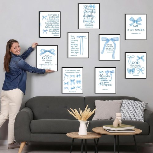 Chiisong 9 Pcs Blue Bow Wall Art Decor - Inspirational Christian Scripture Prints | 14 x 11'' Unframed Set for Living Room & Bedroom