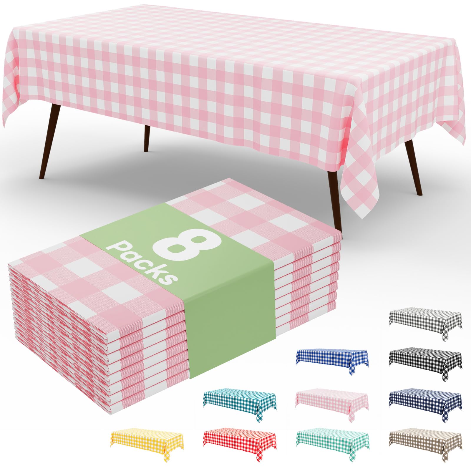 misaya 8 Packs Buffalo Disposable Table Cloth, 54 x 108 Inch Waterproof Plastic Tablecloth, Rectangle Pink and White Checkered Table Covers for Picnic, Birthday, Party