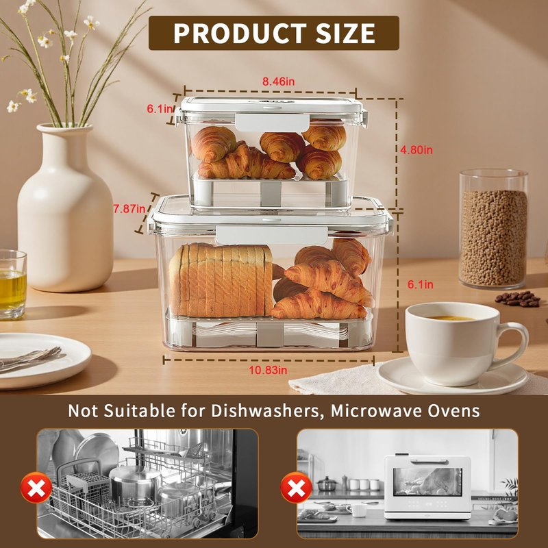 SISAYWEY Bread Box for Kitchen Countertop: 2 Pack Airtight Breadbox Food Storage Container, Portable Large Plastic Clear Container with Lid for Homemade Bread, Toast, Bagel, Donut, Cookies and Fruits