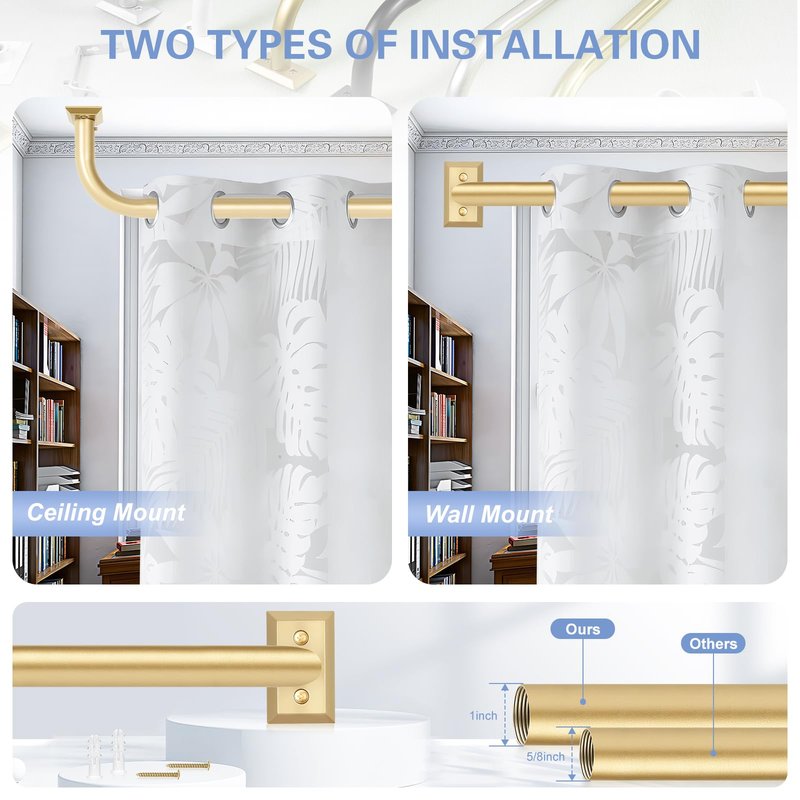 TANGWIN Gold Wrap Around Curtain Rods 2 Pack:Blackout Heavy Duty Adjustable Window Curtain Rod Room Darkening,Modern Industrial Curved French Return Metal Drapery Rods Easy Install,Brass Gold 48-90"