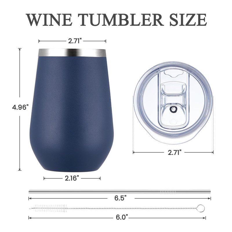 MEWAY 12oz/8 Pack Wine Tumbler Glasses with Lid - Stemless Double Wall Vacuum Stainless Steel Tumbler Keeping Cold & Hot for Wine,Drinks - Family and Gifts, Ideal for Travel and Office(Navy,Set of 8)