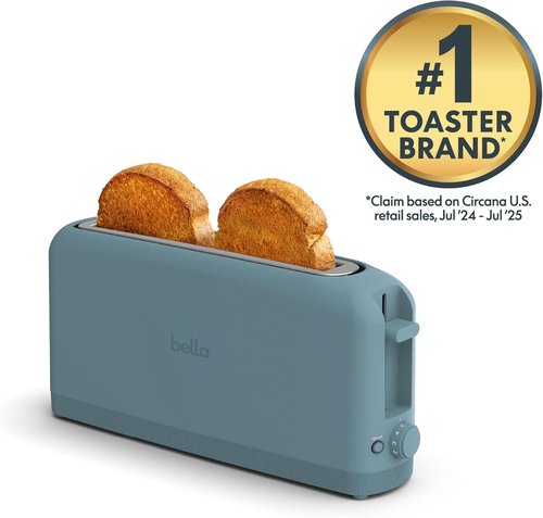 Bella 2 Slice Slim Toaster - 6 Shade Settings, Reheat & Cancel Buttons | 10” Long Slot, Anti-Jam, Auto Shutoff, 900 Watt, Surf