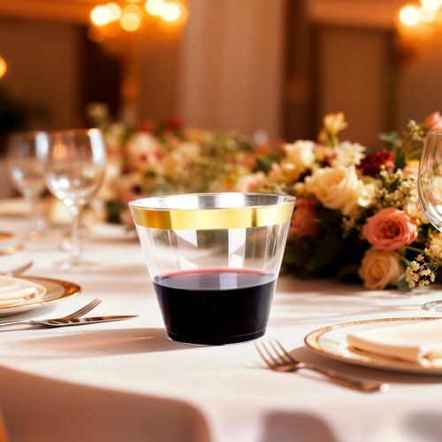 Ciaell 200PCS Gold Plastic Cups - 9Oz Heavy Duty Disposable Clear Plastic Cups with Gold Rim for Wine, Cocktail, Party & Wedding
