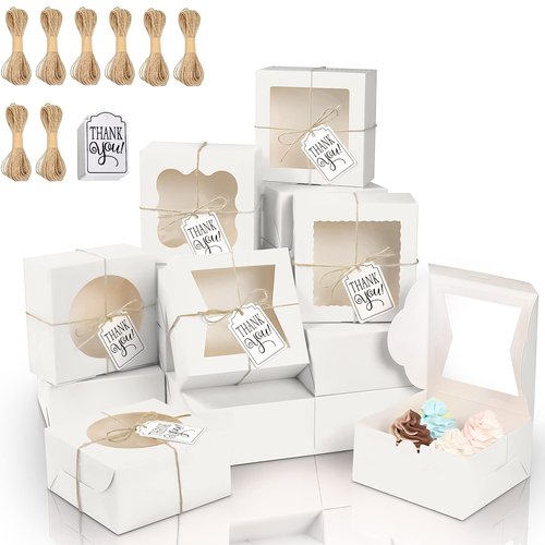KPOSIYA 65PCS Bakery Boxes with Window 6x6x3 Inches 5 Style Cookie Boxes Small Pastry Boxes for Candy, Dessert, Pastry, Donuts, Birthday Party, Wedding(White)