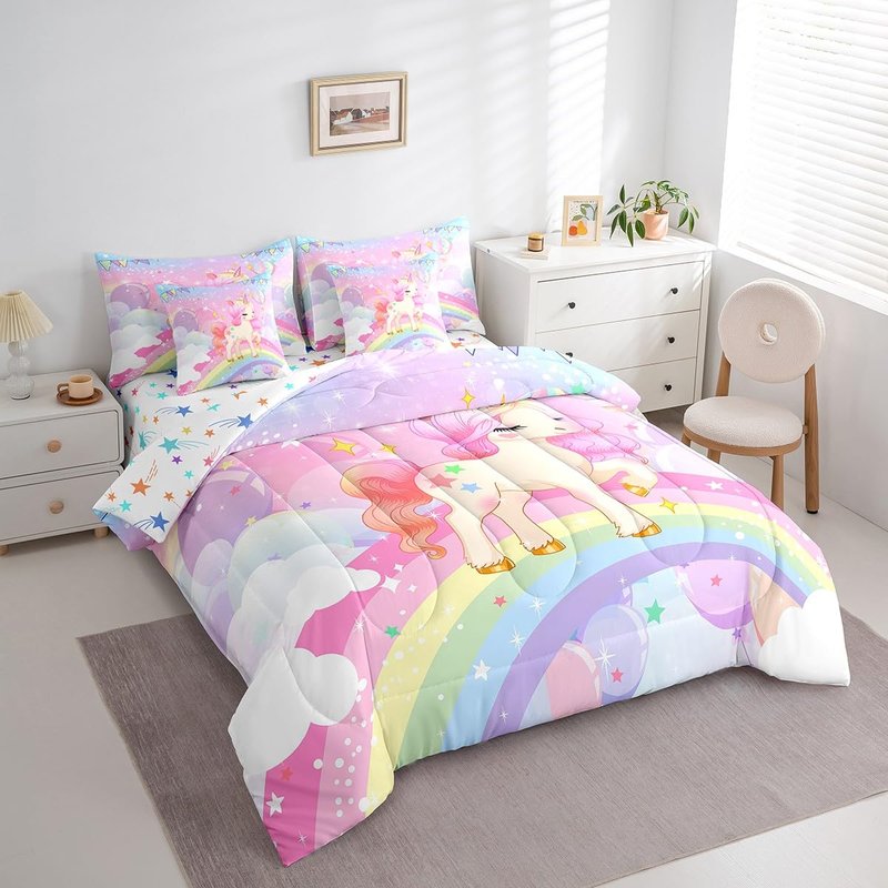 Feelyou Unicorn Girls Bed in a Bag Full Rainbow Kids Pink Unicorn Comforter Set with Sheets Kawaii Cute Stars 7 Piece Bedding Set Teens Children Adults Cartoon Unicorn Room Decor All Season