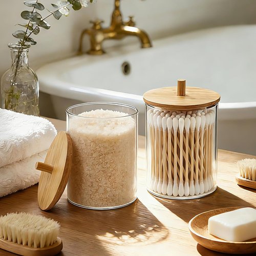 Glass Qtip Holder Dispenser Set - 10oz Cotton Swab & Bamboo Lid Canisters | Bathroom Vanity Storage (2 Pack)