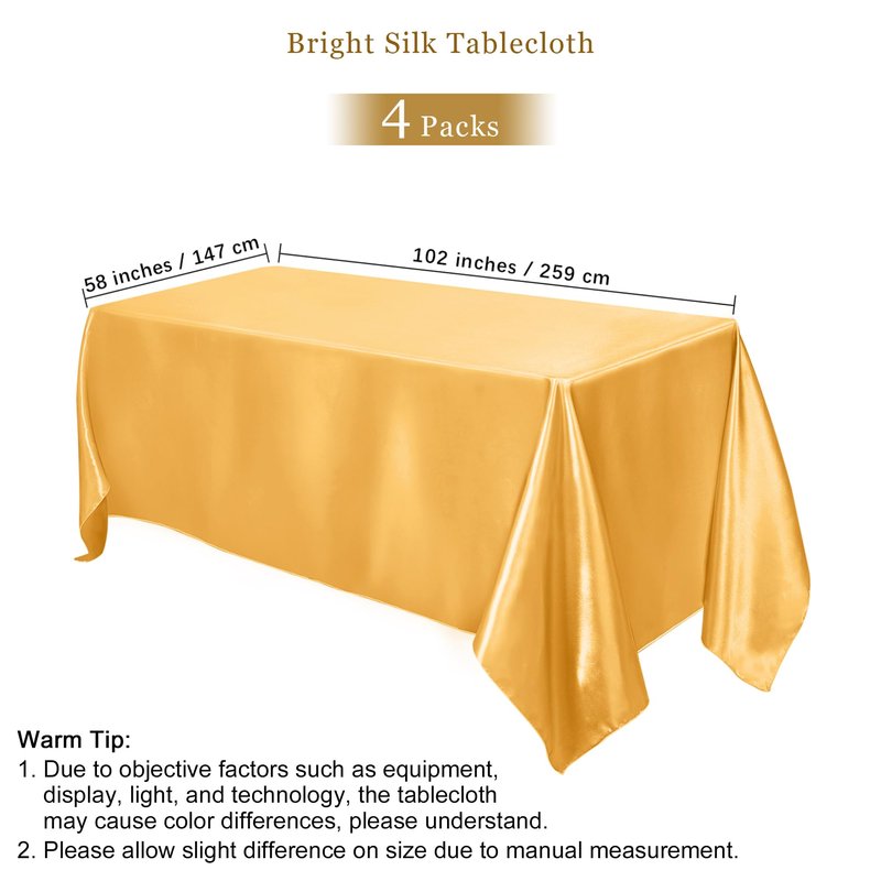 TURSTIN 4 Packs Gold Satin Tablecloth 102 x 58 Inch Overlay Satin Table Cover Rectangle Bright Silk Tablecloth Smooth Fabric Table Decoration for Wedding Banquet Party Events