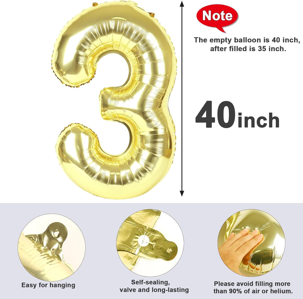 Numbers Balloon - 40 Inch Large Light Gold 3 Balloon for Birthday Decor | Perfect for Three-Year-Old Celebrations