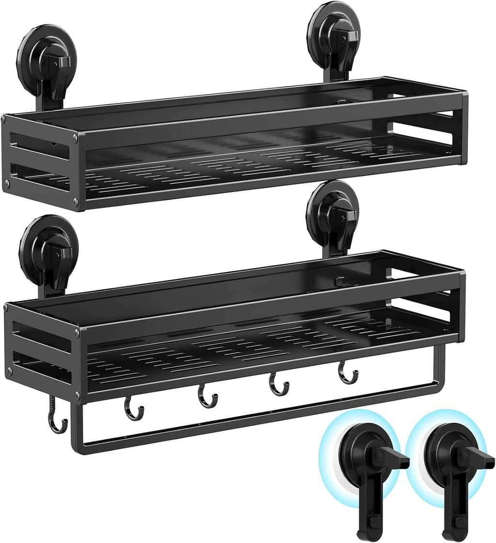 Skiennix Shower Caddy - 15.7 Inch Suction Cup Bathroom Organizer | Rustproof Black Shelf with Hooks & 2 Extra Suction Cups